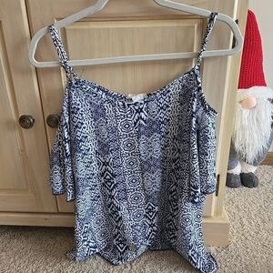 Moon Kiss Womens Blue & White Aztec Print Off The Shoulder Blouse Top